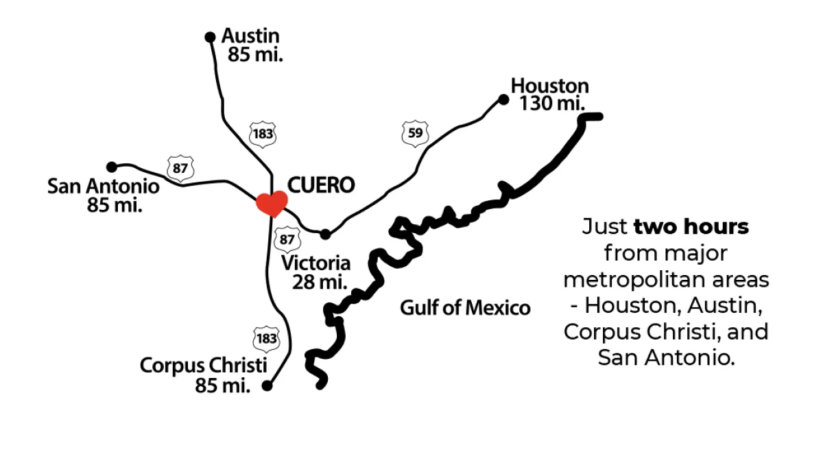 Map showing Cuero, Texas and nearby cities.